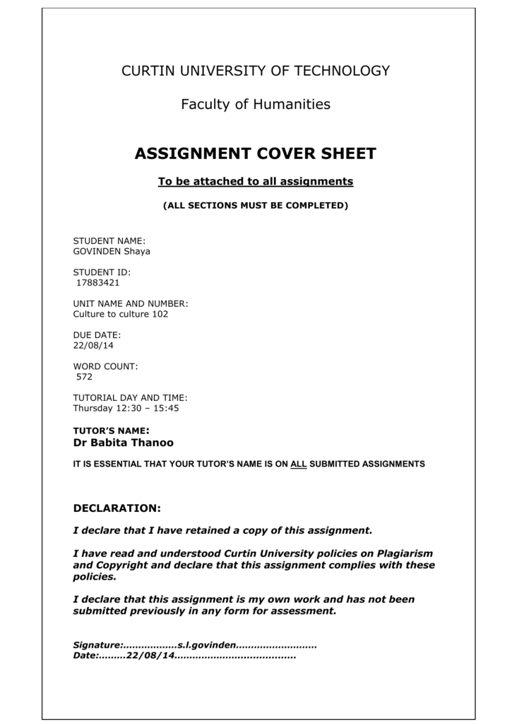 curtin assignment cover page