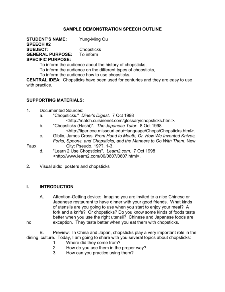 SAMPLE DEMONSTRATION SPEECH OUTLINE STUDENT'S