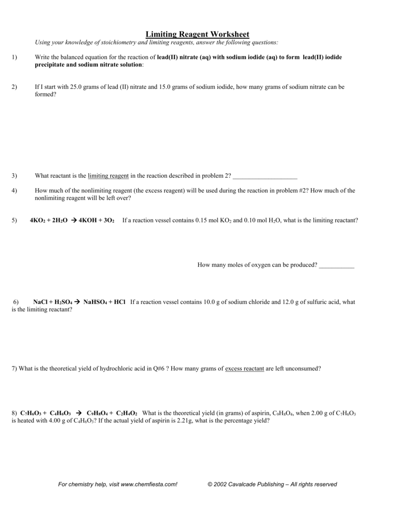 Limiting Reagent Worksheet Within Limiting Reactant Worksheet Answers