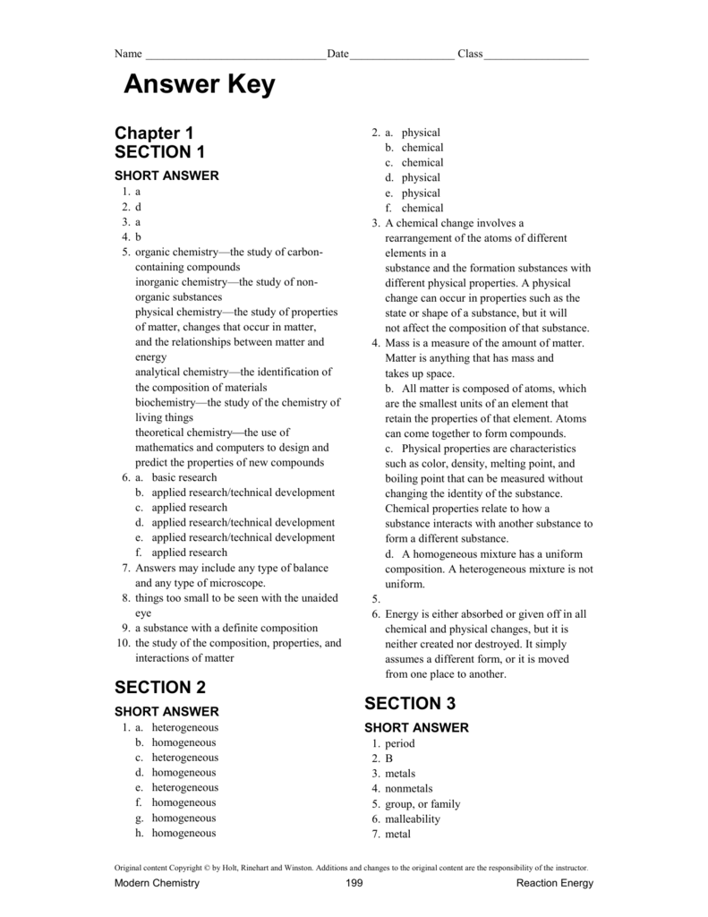 Answer Key Inside Chemistry Worksheet Matter 1 Answers