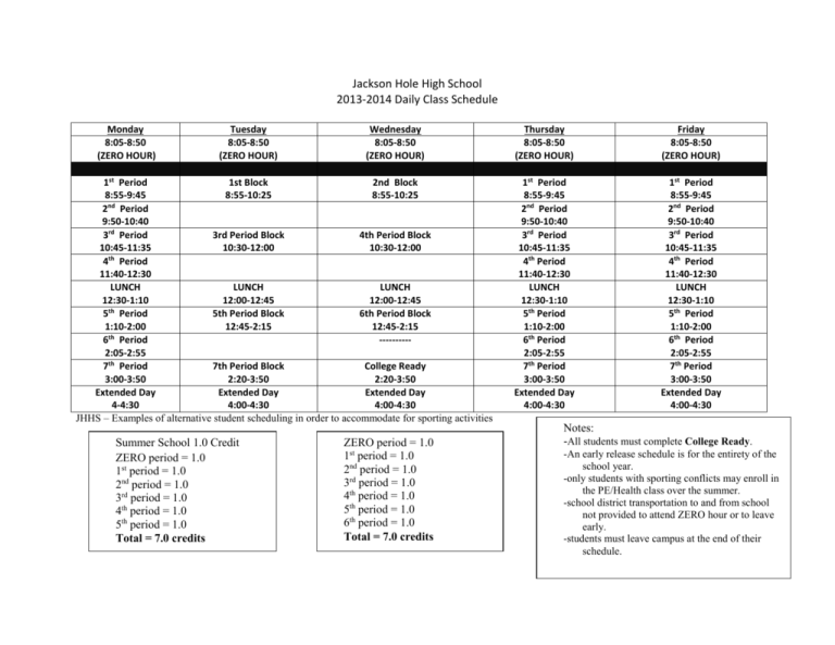 Jackson Hole High School 2013 2014 Daily Class Schedule
