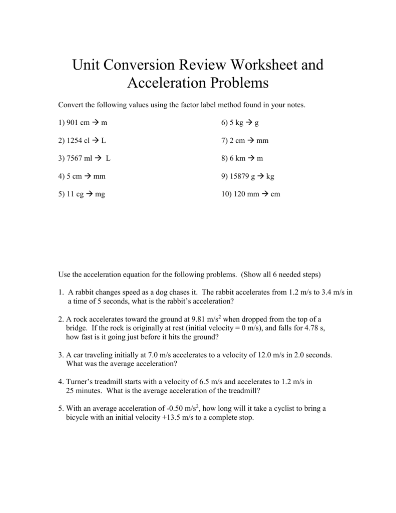 Unit Conversion Review Worksheet and Acceleration Problems Intended For Unit Conversion Worksheet Answers