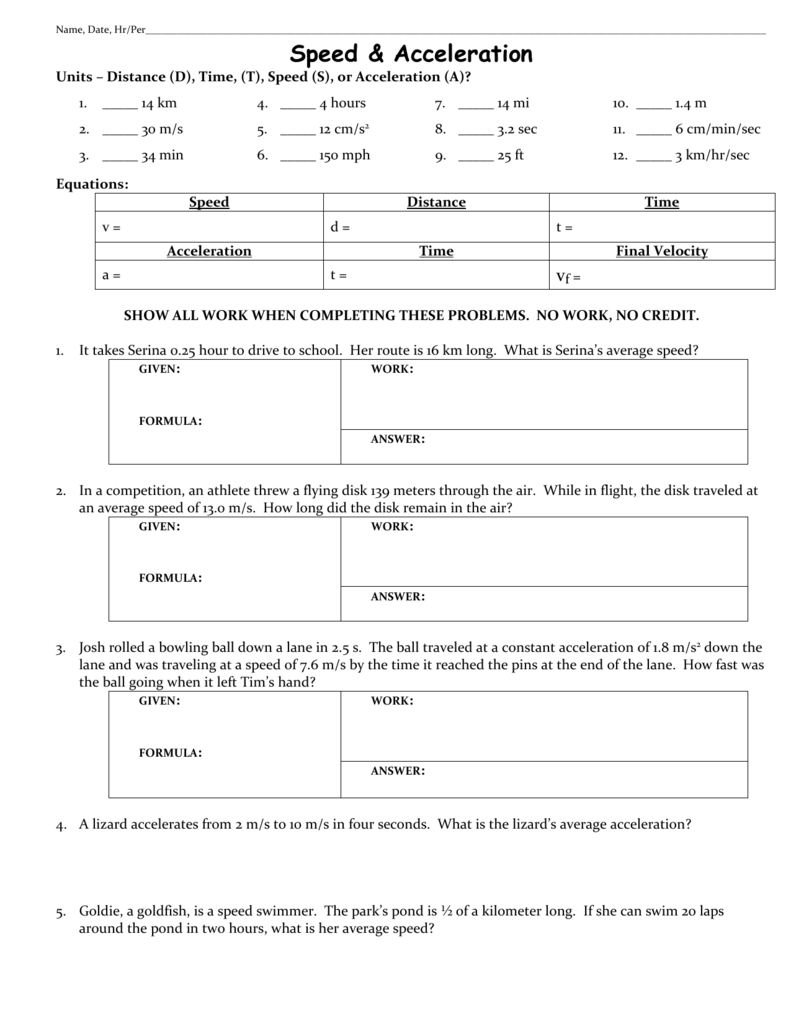 Acceleration Worksheet - Fulton County Schools