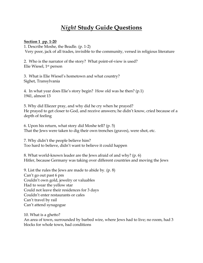 Night Study Guide Questions Intended For Night  Elie Wiesel Worksheet Answers