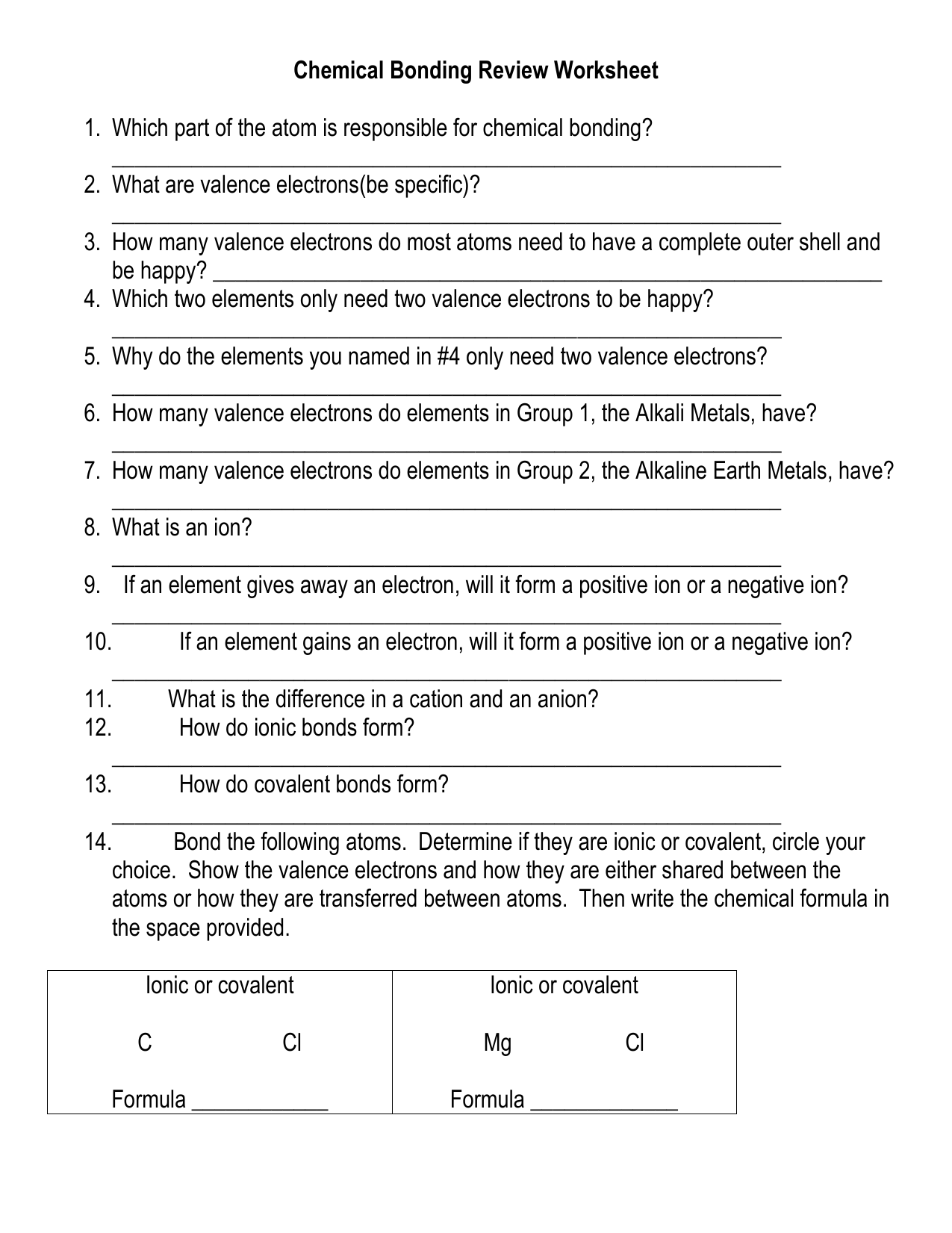 Chemical Bonding Review Worksheet For Chemistry Review Worksheet Answers