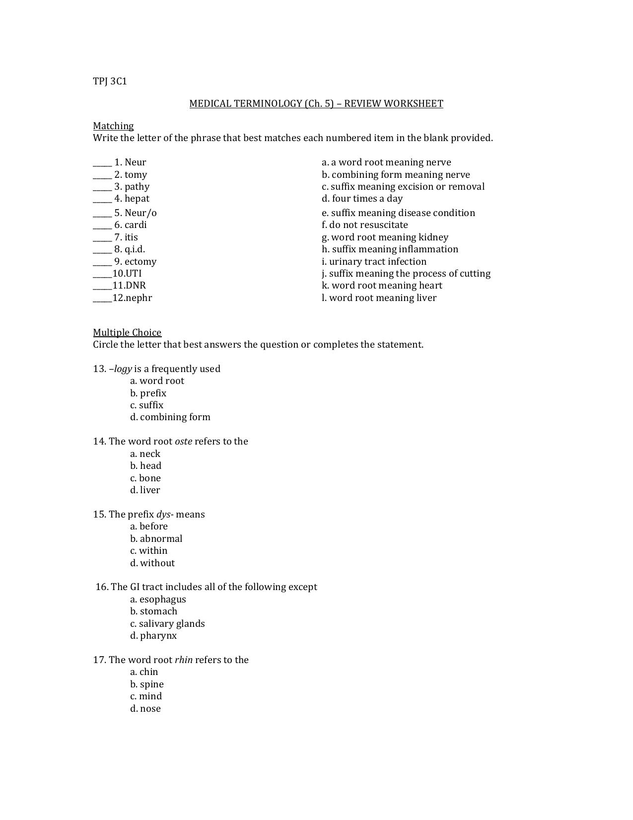 TPJ 20C20 Chapter 20 Review Worksheet Regarding Medical Terminology Suffixes Worksheet