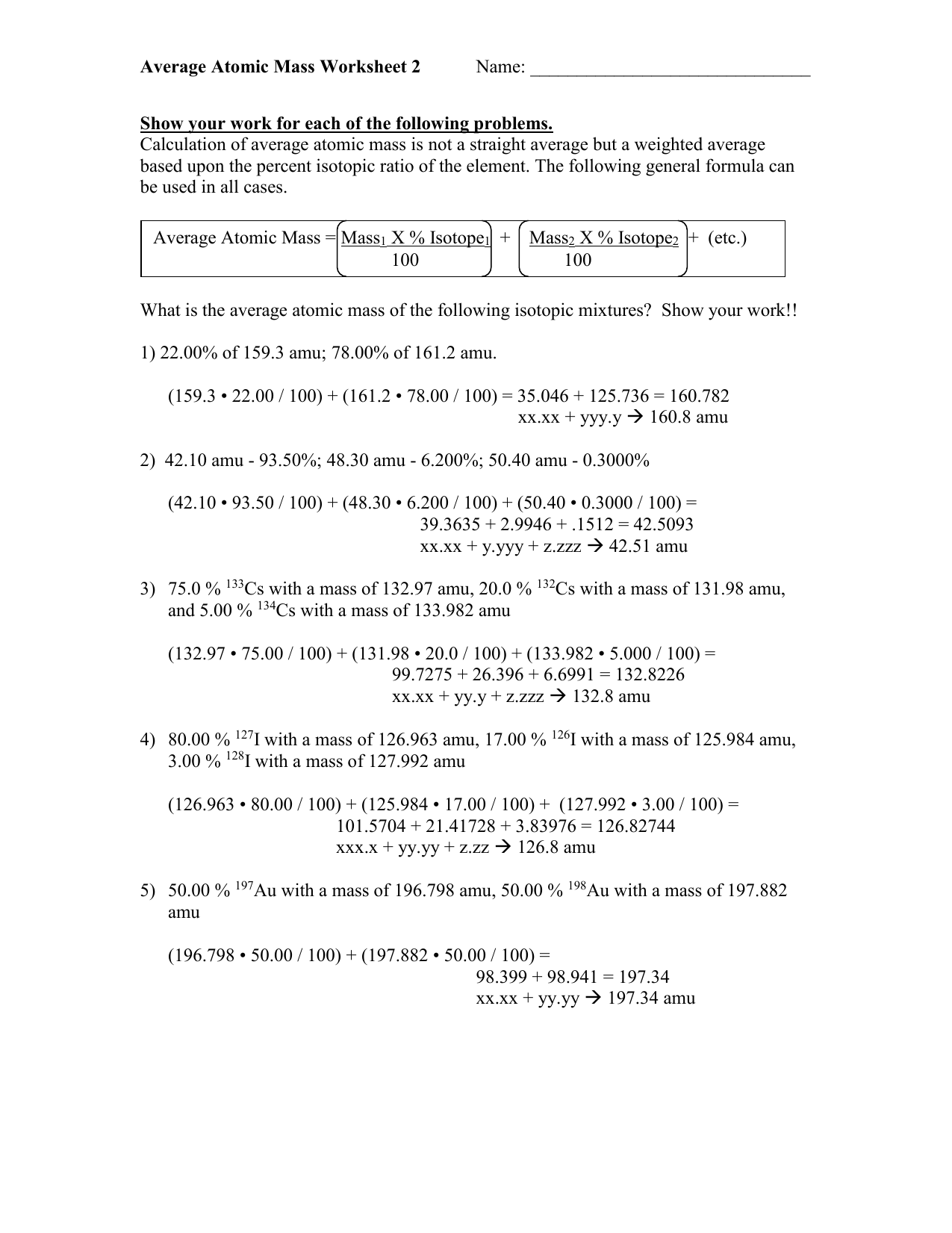 02 06 Average Atomic Mass Worksheet 2