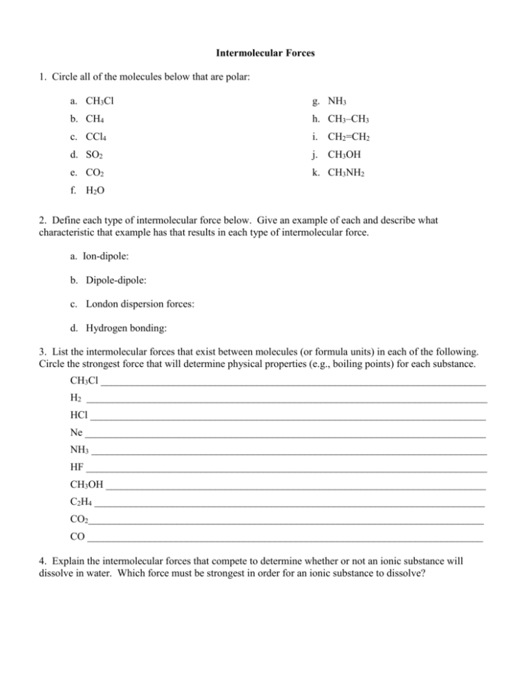 Types Of Intermolecular Forces Worksheet