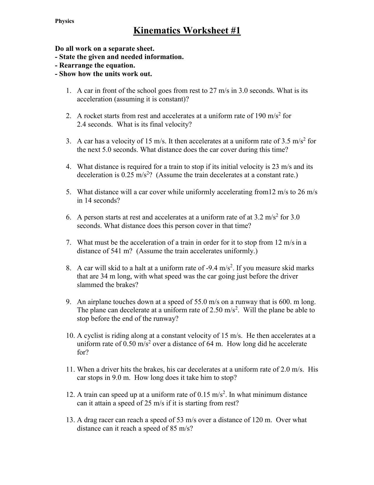 Kinematics Practice Problems Worksheet