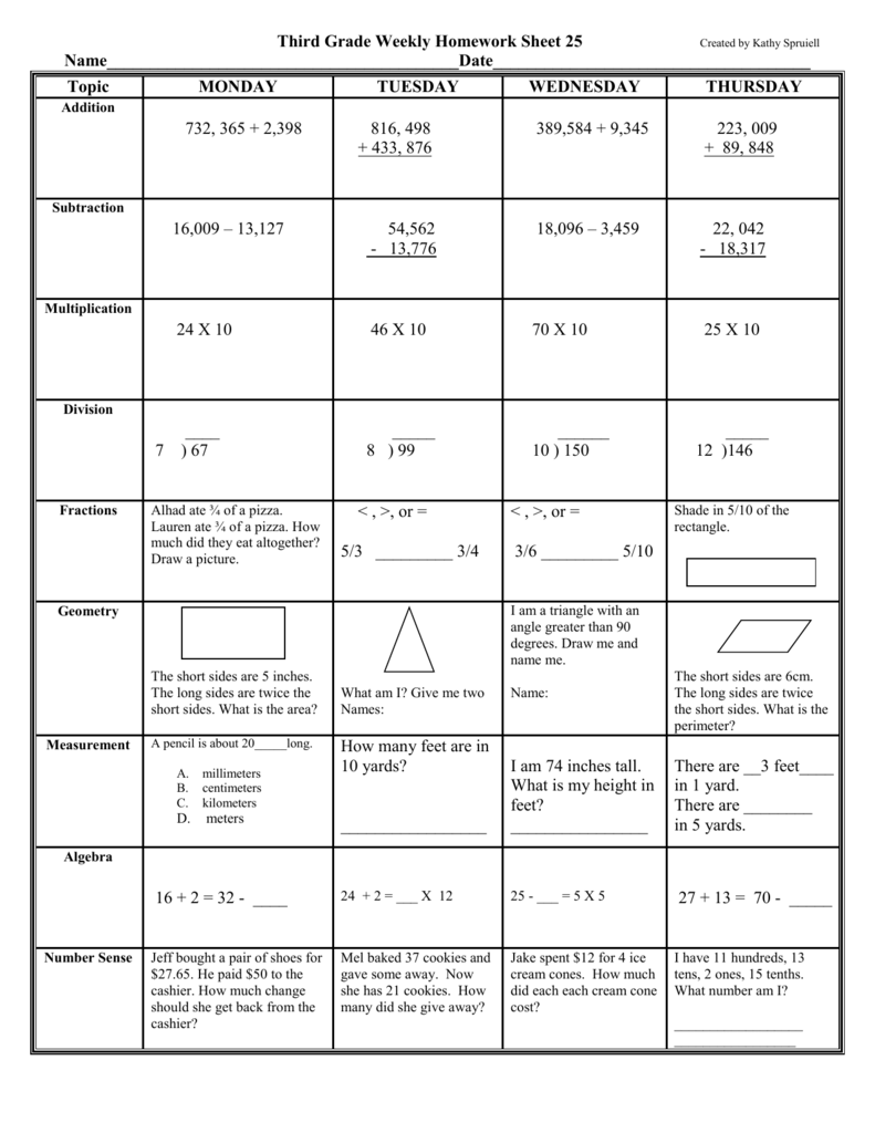 weekly homework sheet 3rd grade answers