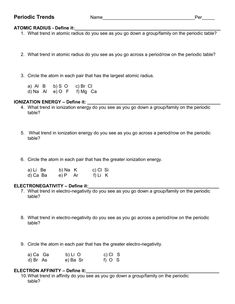 Exploring Trends Of The Periodic Table Worksheet Answer ...