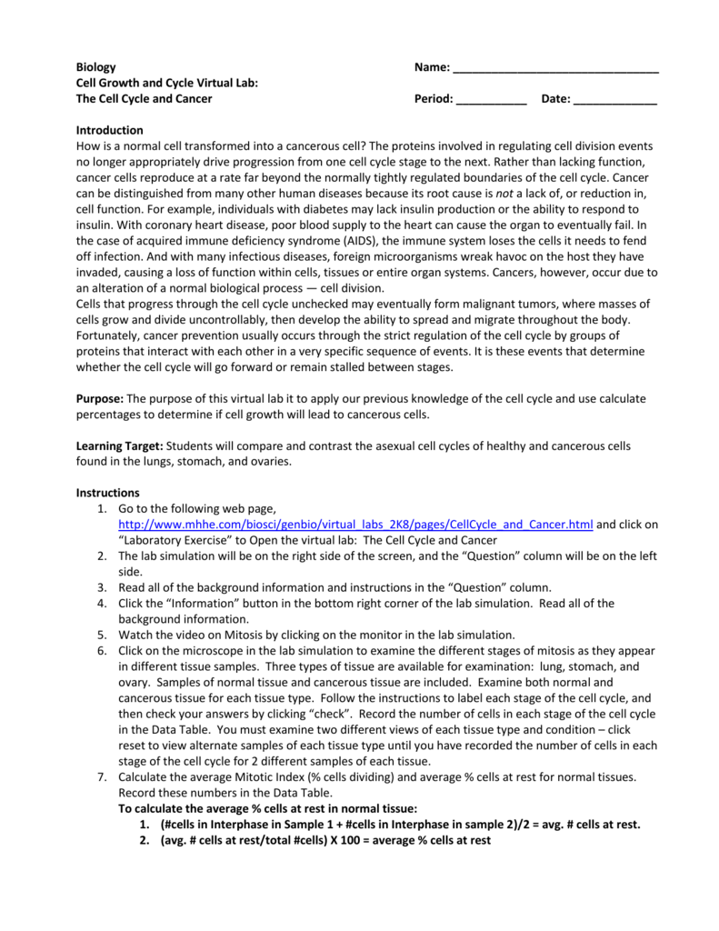 Virtual Lab: The Cell Cycle And Cancer - Wilsons-Page