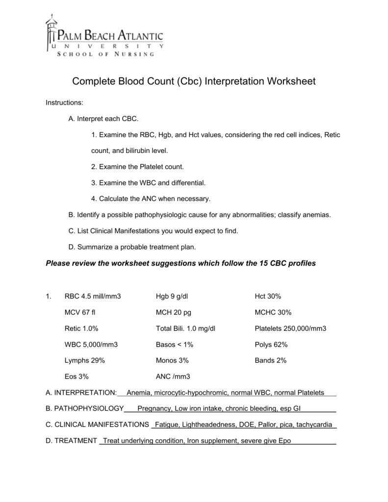 Complete Blood Count Cbc Interpretation Worksheet