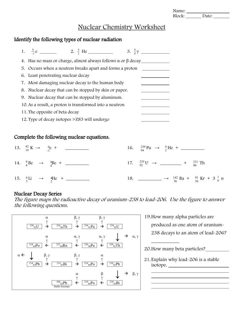 Nuclear Chemistry Worksheet Throughout Nuclear Decay Worksheet Answers Key