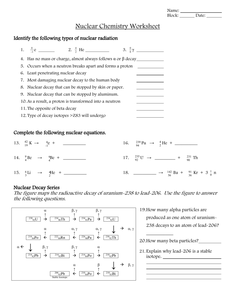 Nuclear Chemistry Worksheet Intended For Nuclear Decay Worksheet Answers Key