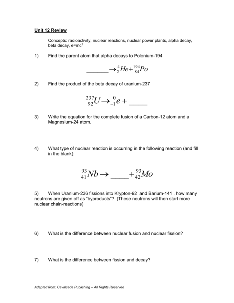Nuclear Chemistry Worksheet Answers