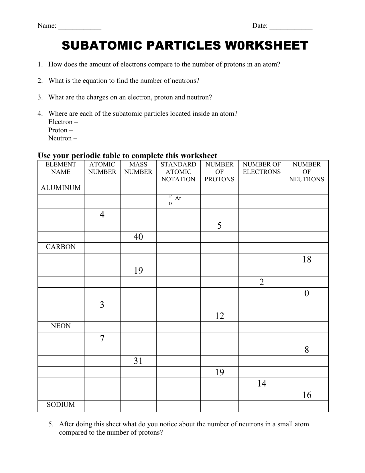 subatomic particles w11rksheet With Subatomic Particles Worksheet Answers