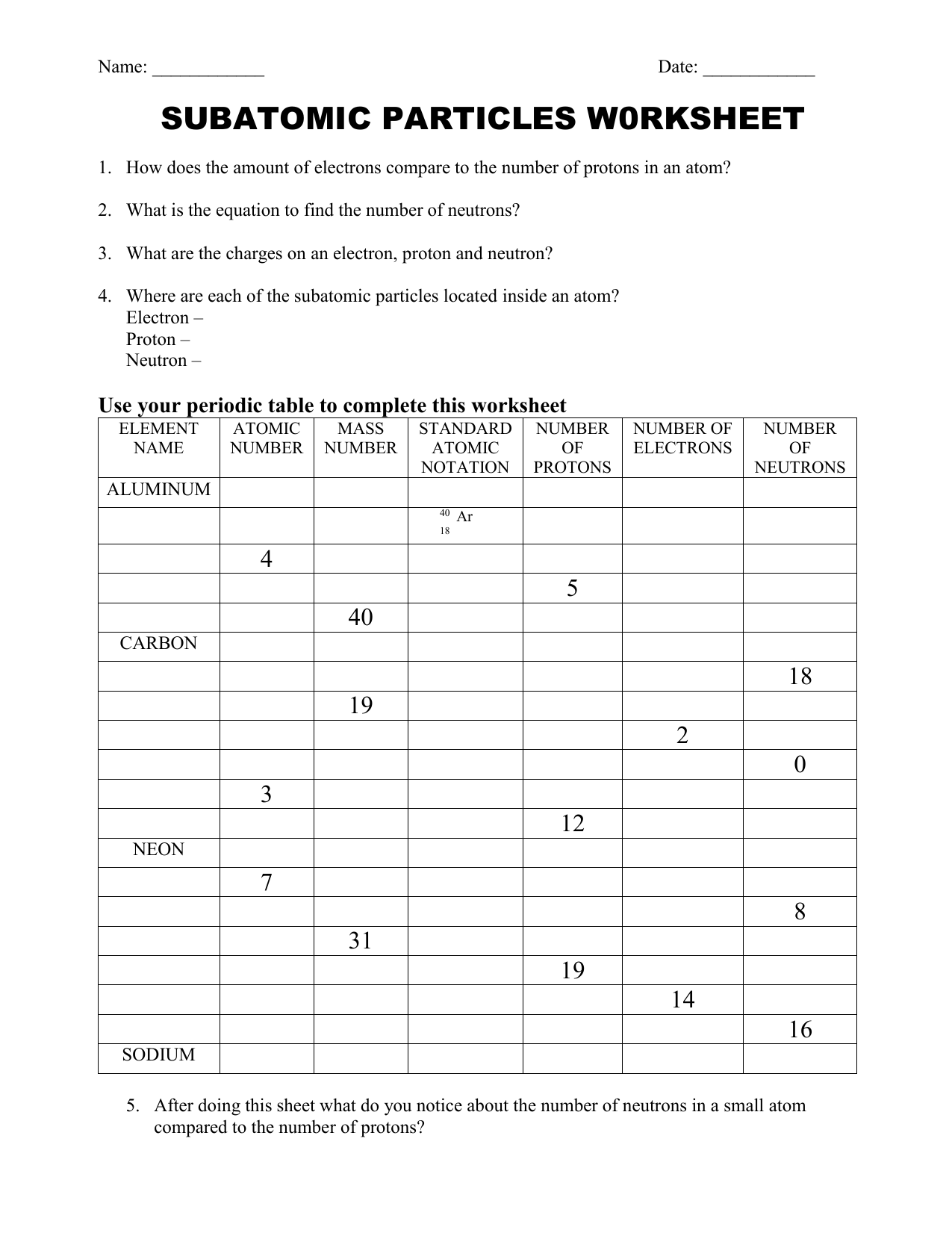 Subatomic Particles Worksheet Answers