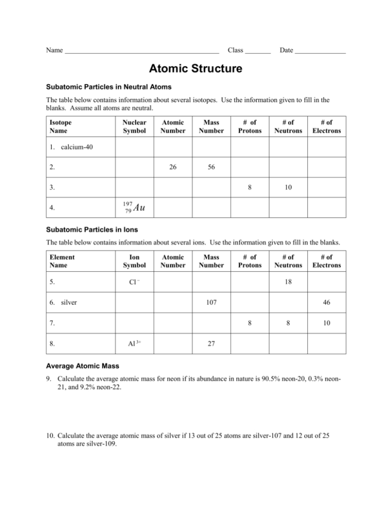 atomic structure worksheet answer