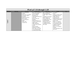 Week of 1-16 through 1-20 Subject Monday Tuesday Wednesday