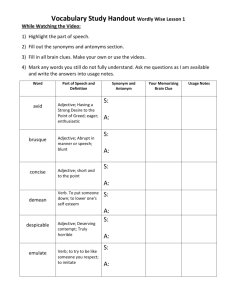 Vocabulary Study Handout Wordly Wise Lesson 1 While Watching