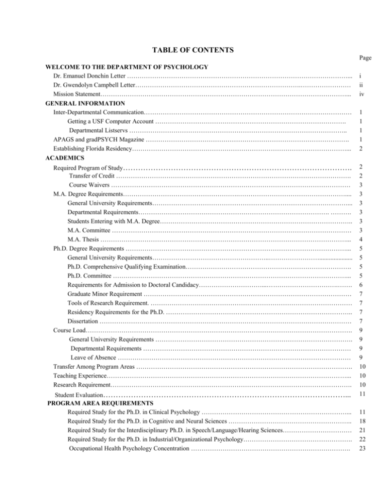 TABLE OF CONTENTS Psychology