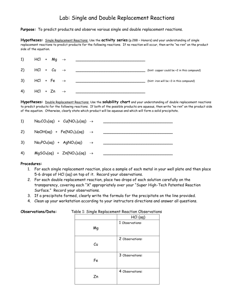 Single And Double Replacement Reactions Worksheet With Answers