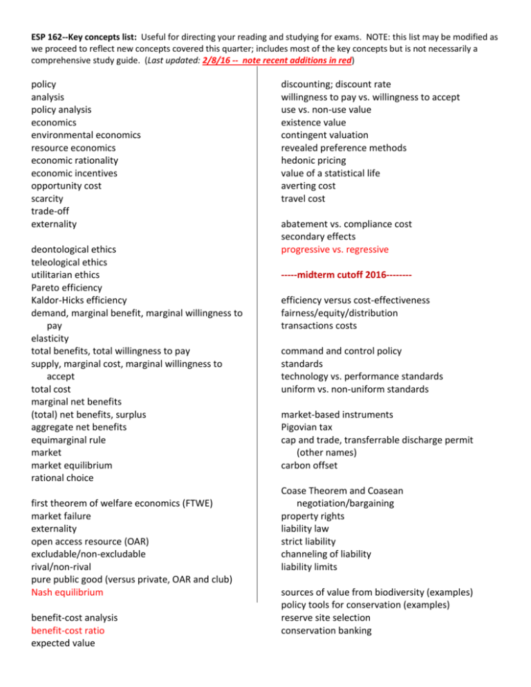 Key Concepts List Environmental Science Policy