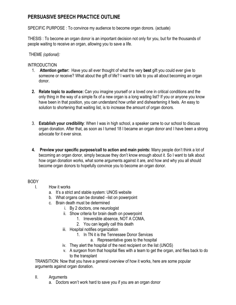 organ donation persuasive speech outline