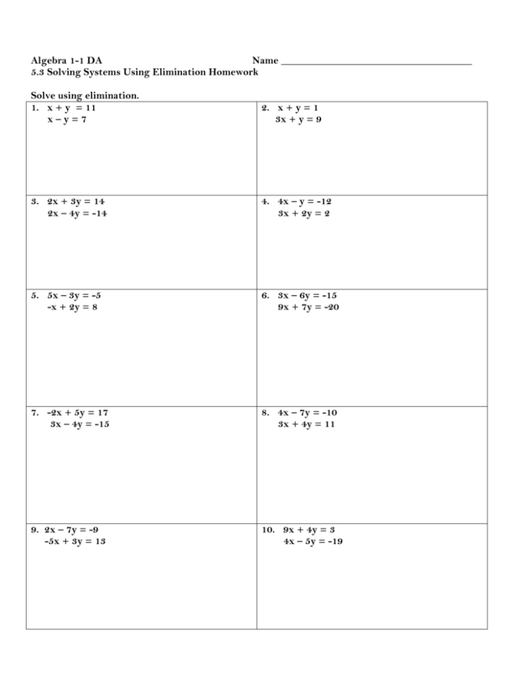 homework 3 solving systems by elimination