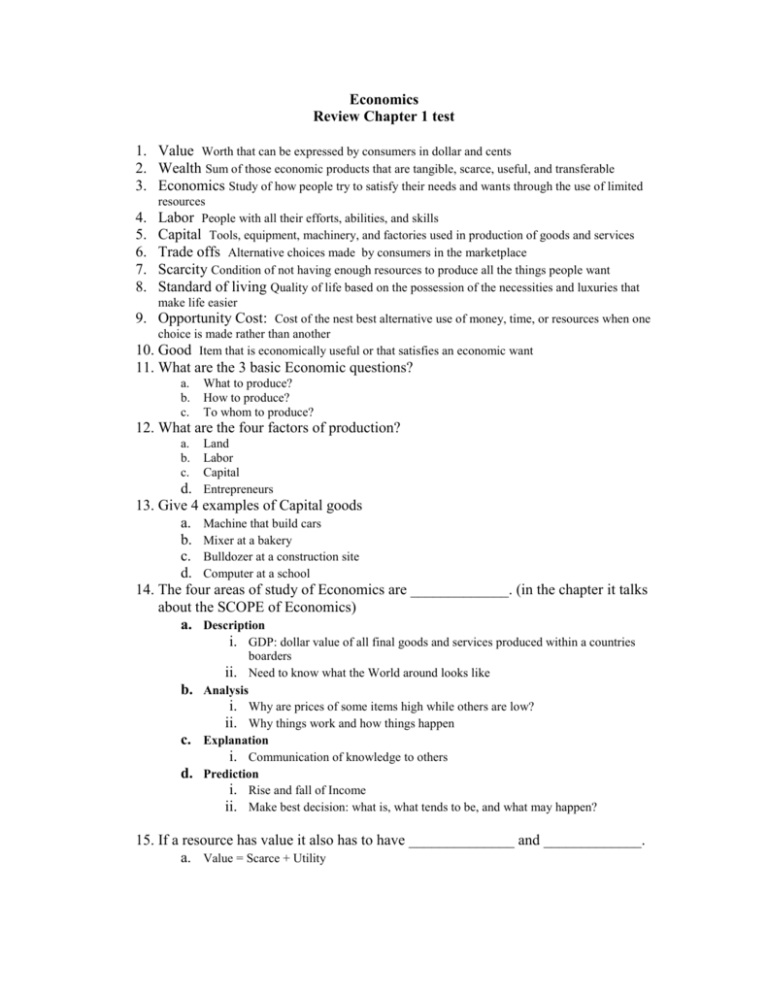 Economics Chapter 1 review with answers