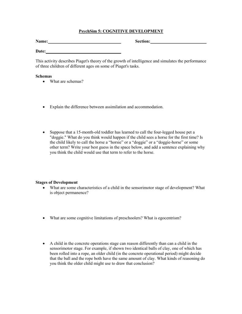 PsychSim 5 COGNITIVE DEVELOPMENT Name Section Date