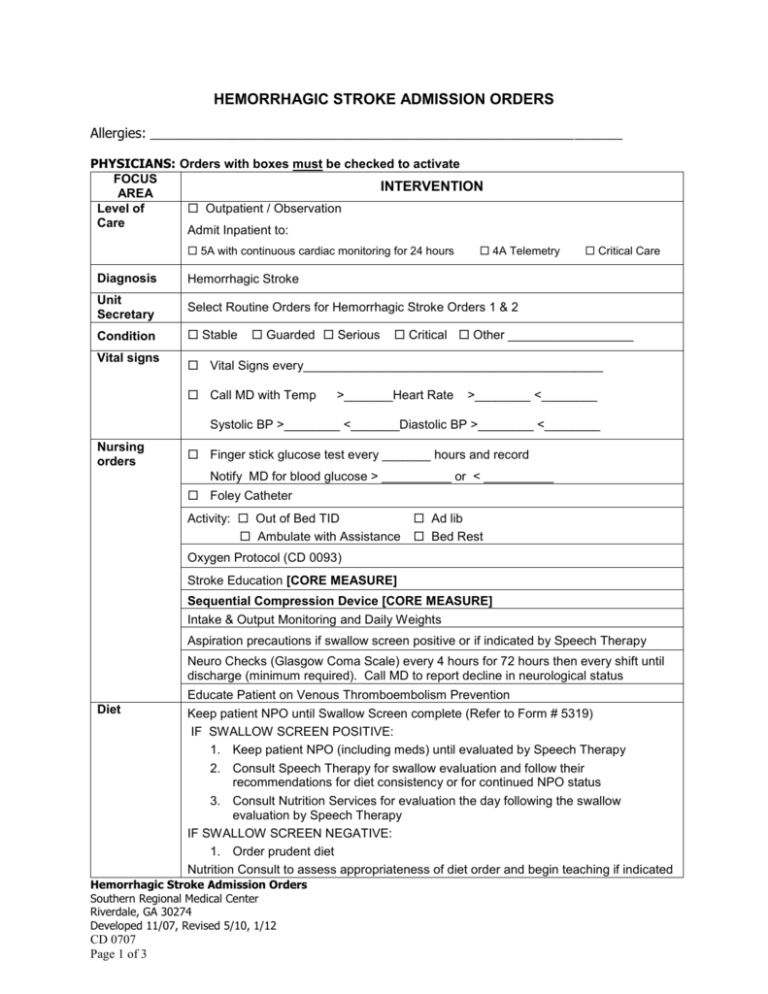 Acute Hemorrhagic Stroke Orders