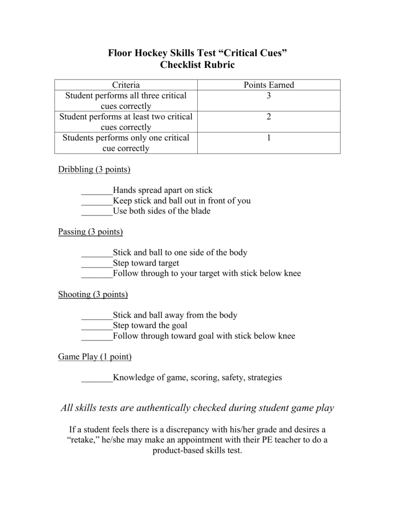 Floor Hockey Skills Test