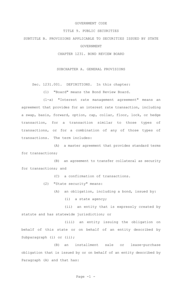 GOVERNMENT CODE TITLE 9. PUBLIC SECURITIES SUBTITLE B