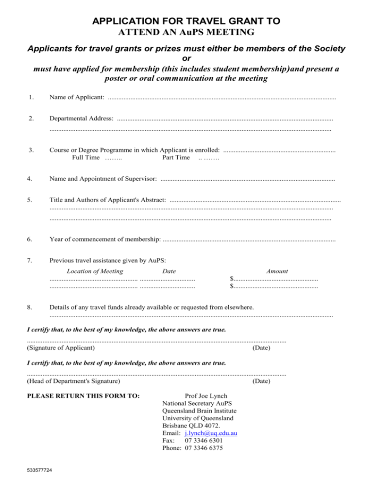 APPLICATION FOR TRAVEL GRANT