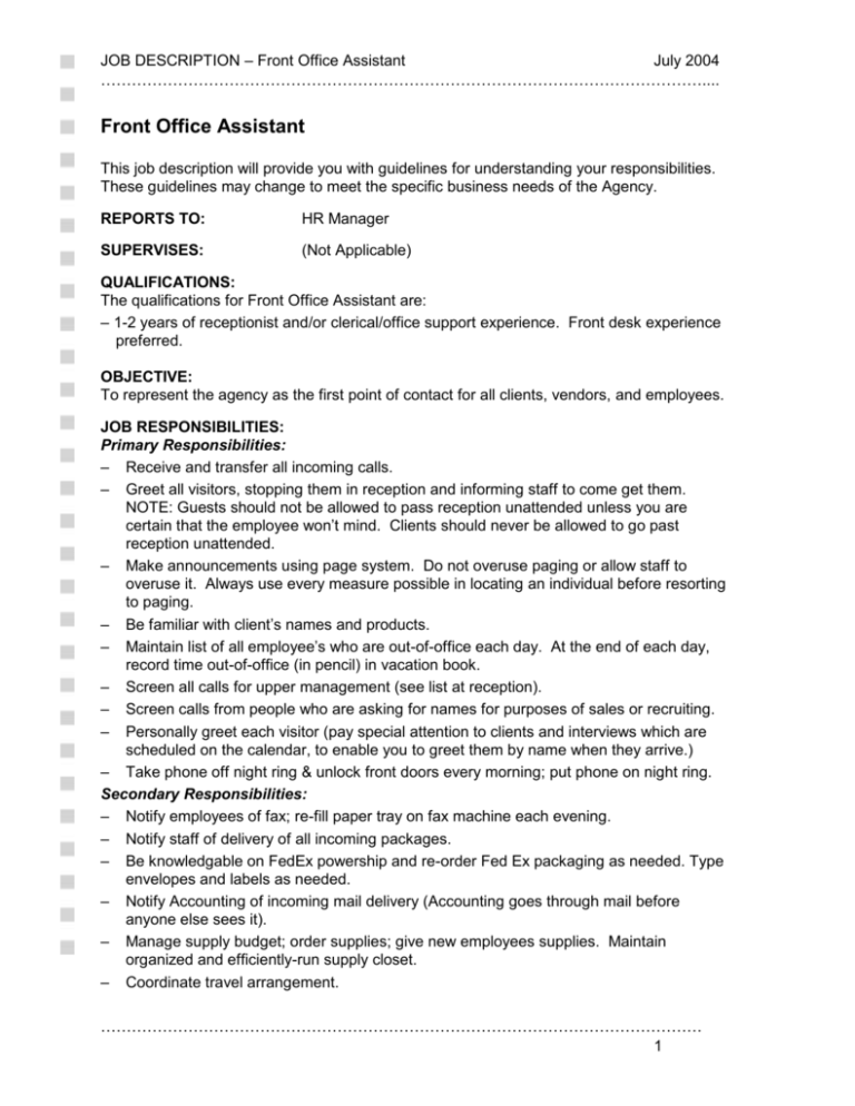 Front office assistant