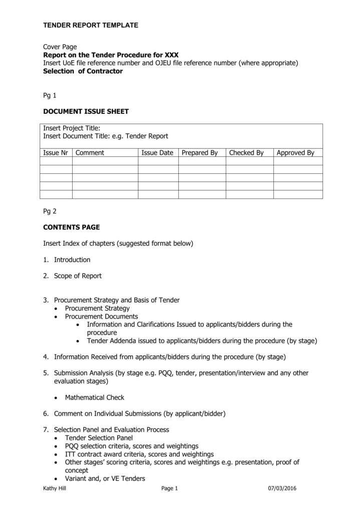 Tender Report Template