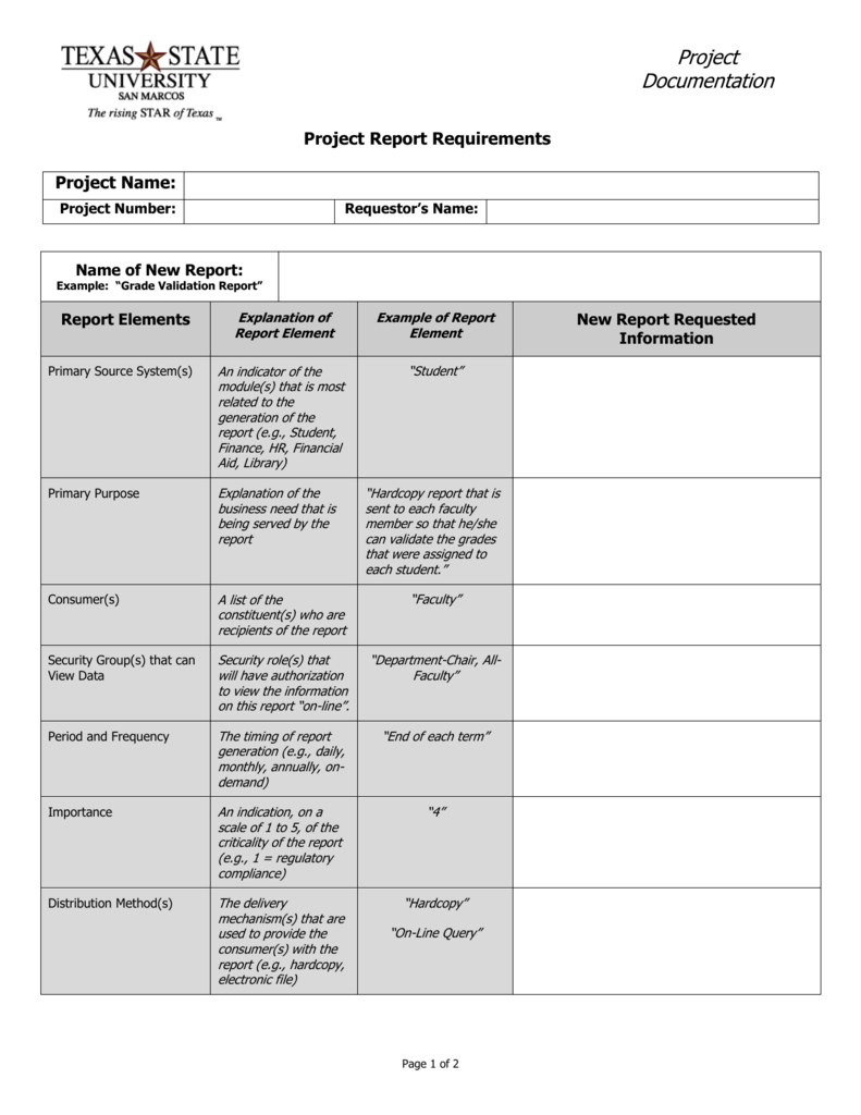 Report Requirements Template With Report Specification Template