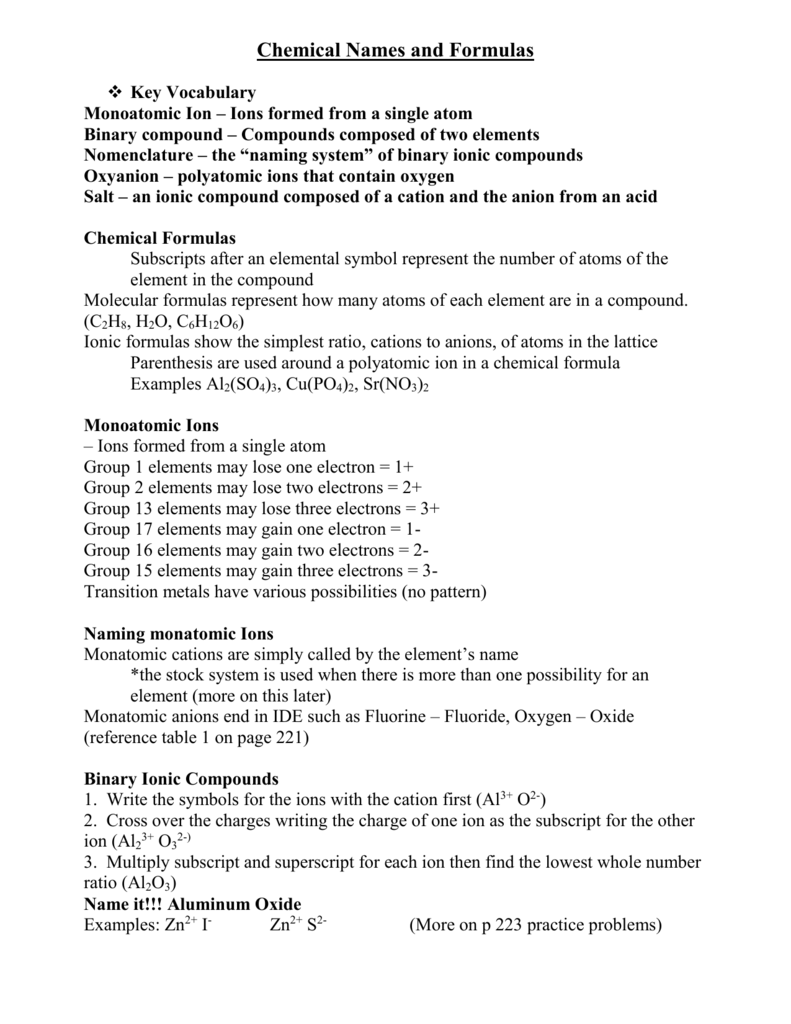 Chemical Names And Formulas Notes