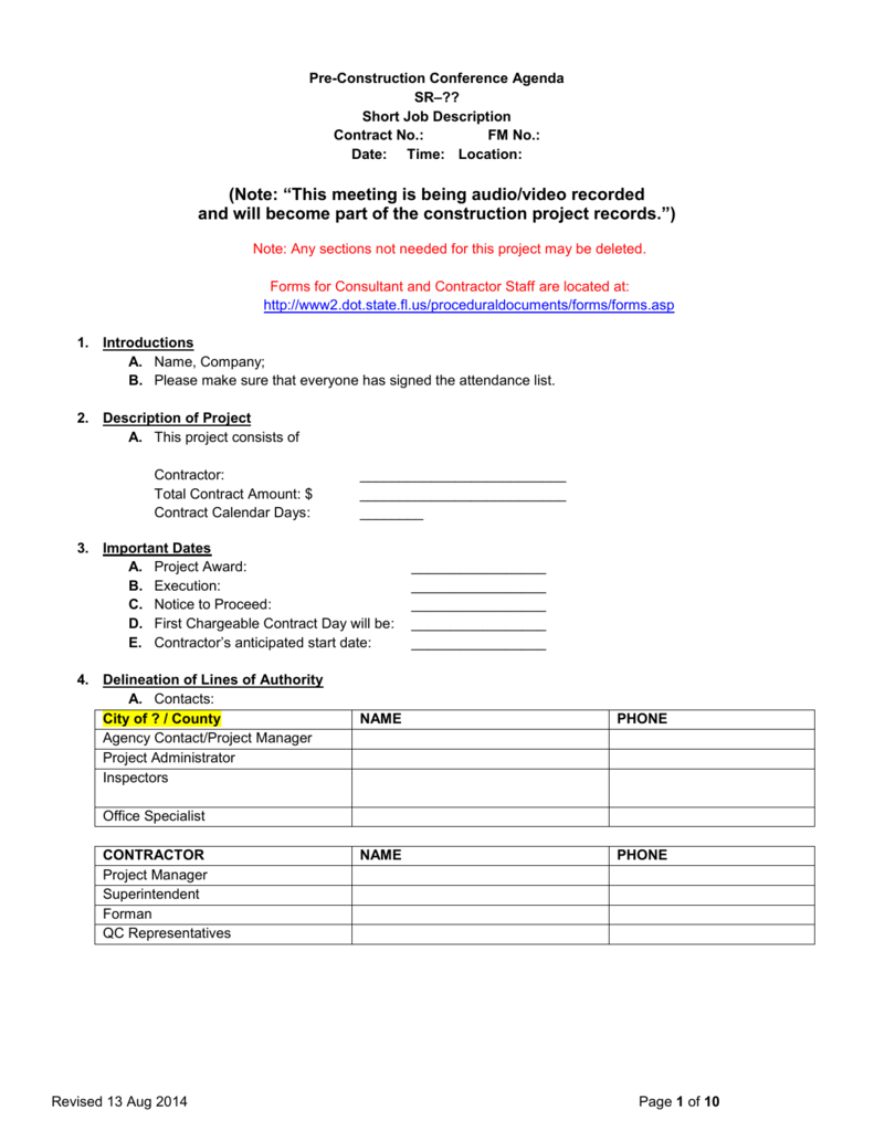 Sample Pre-Construction Agenda Regarding Pre Construction Meeting Agenda Template