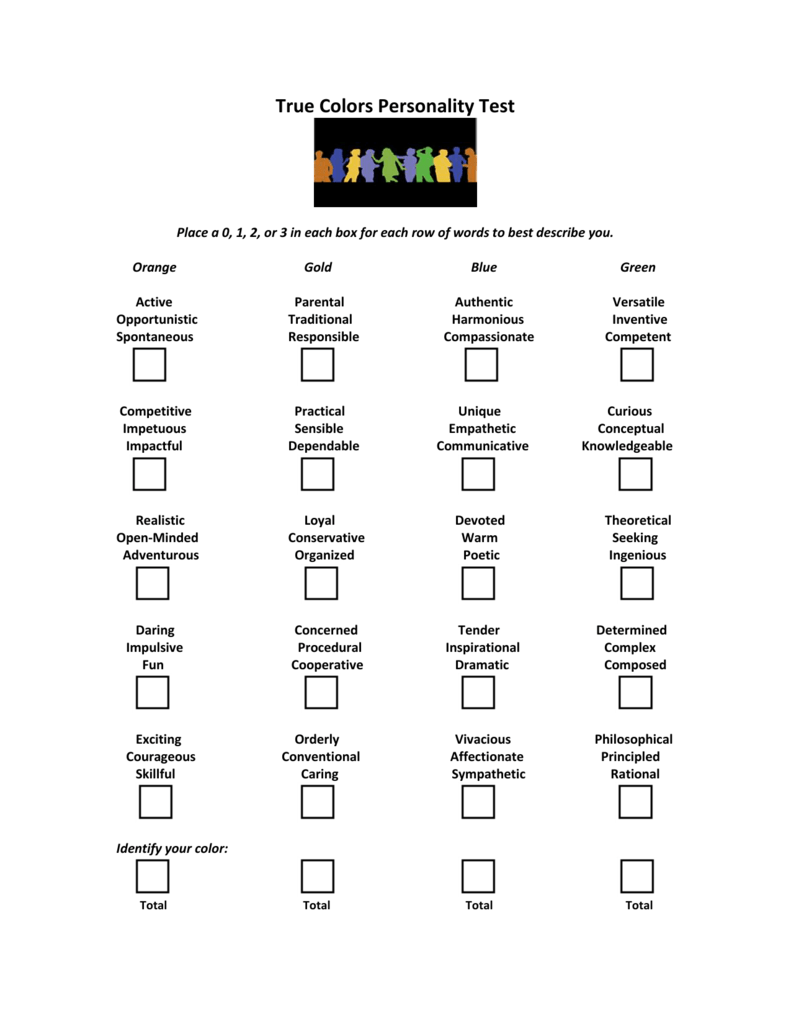 Printable True Colors Personality Test For Students Free Printable