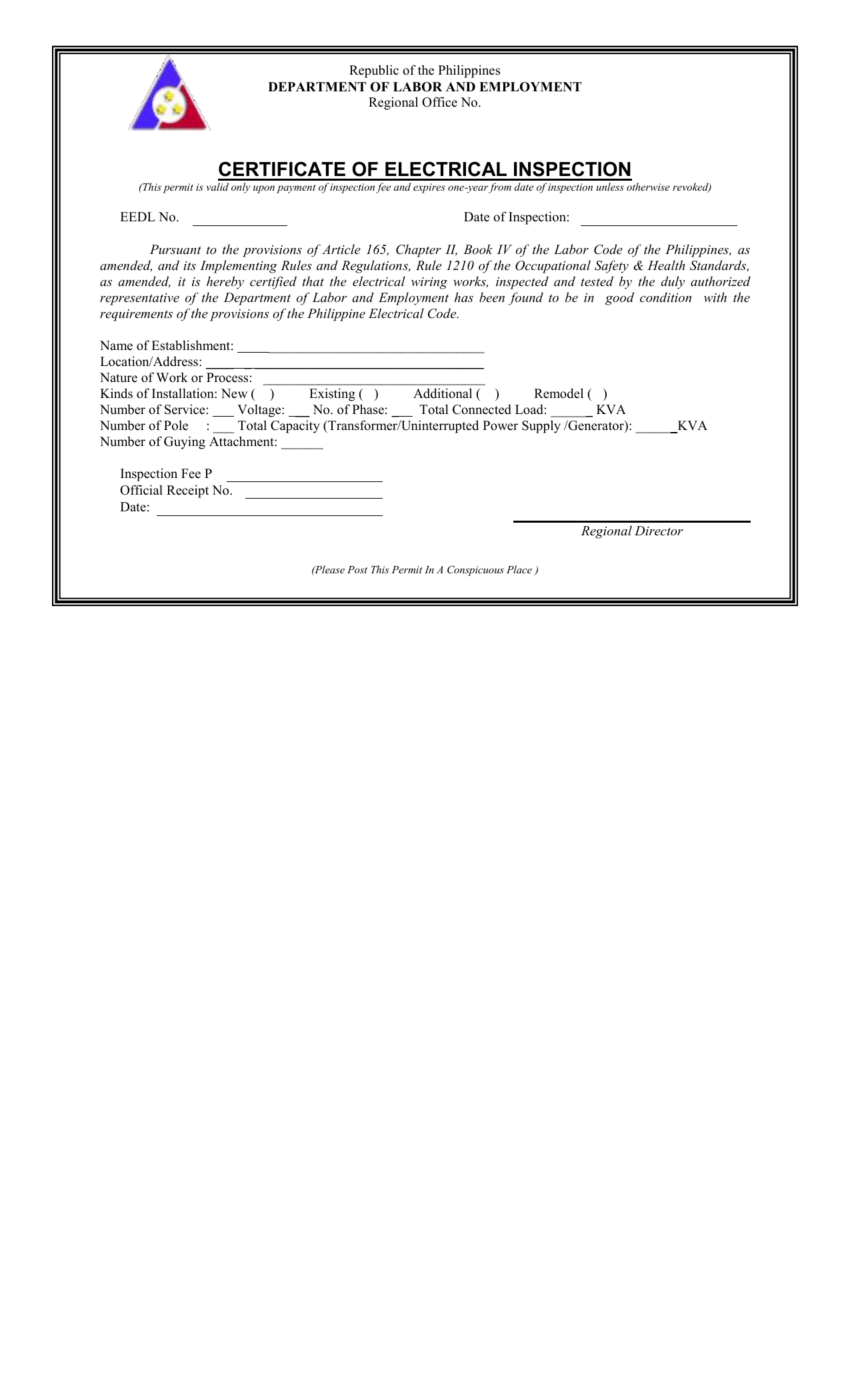 Checklist For Electrical Inspection