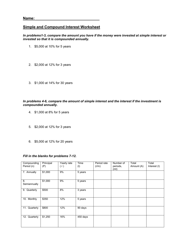 Simple and Compound Interest Worksheet Throughout Simple Interest Problems Worksheet