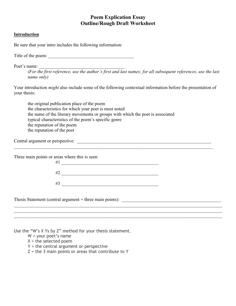 Poetry Explication Outline Worksheet