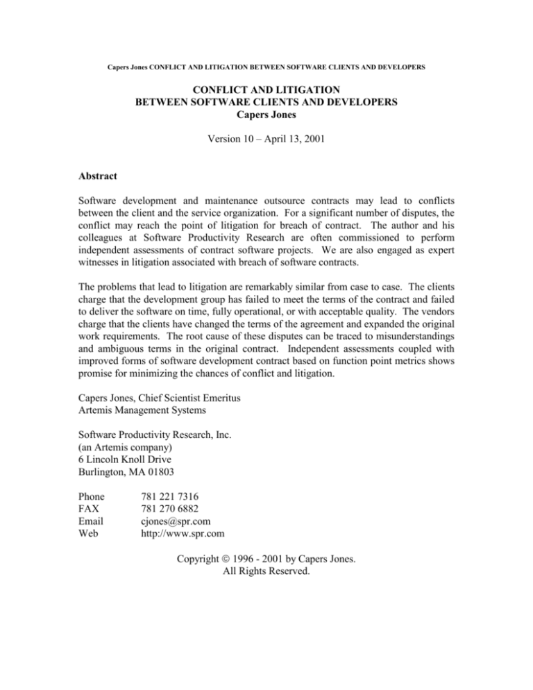 Capers Jones, Conflict And Litigation Between Software Clients And
