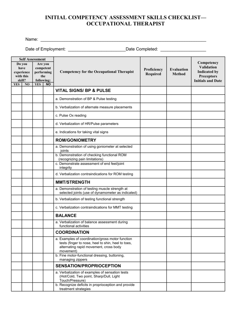 INITIAL COMPETENCY ASSESSMENT SKILLS CHECKLIST