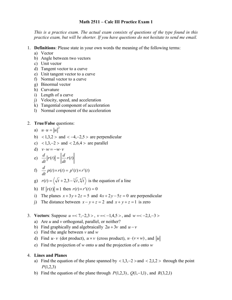 Math 2511 Calc Iii Practice Exam 1