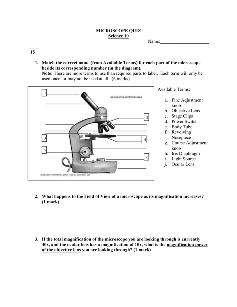 Parts Of A Microscope Worksheet