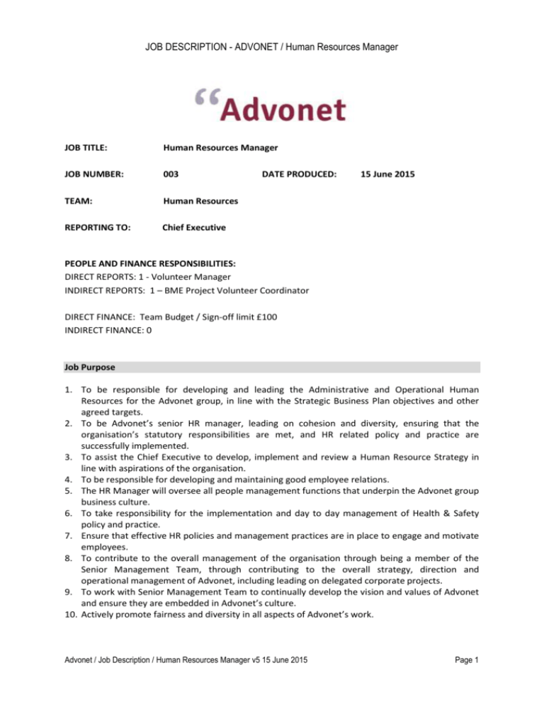 Human Resources Manager Job Description For Resume